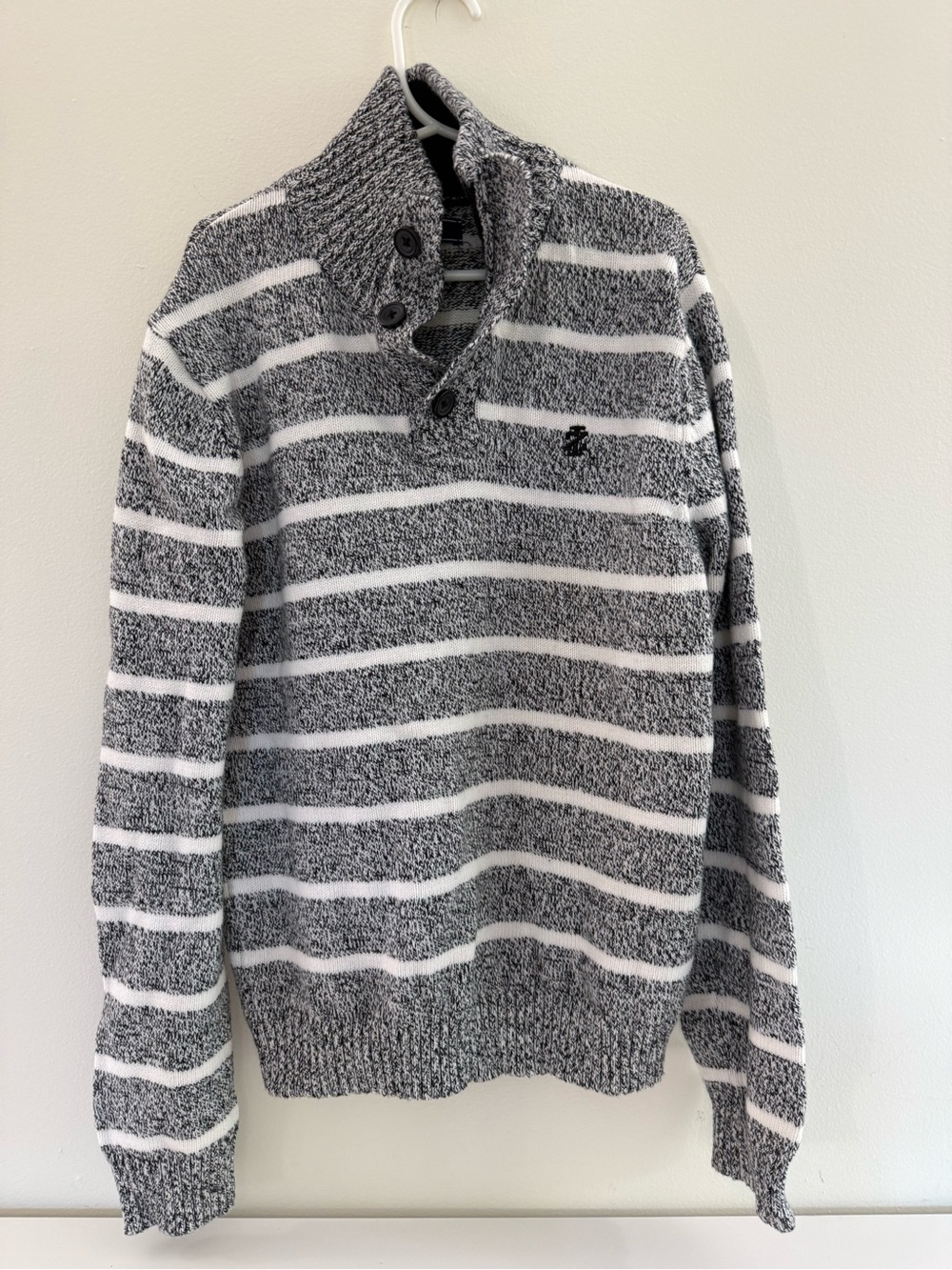 Boys IZOD Gray and White Striped Button-Neck Sweater